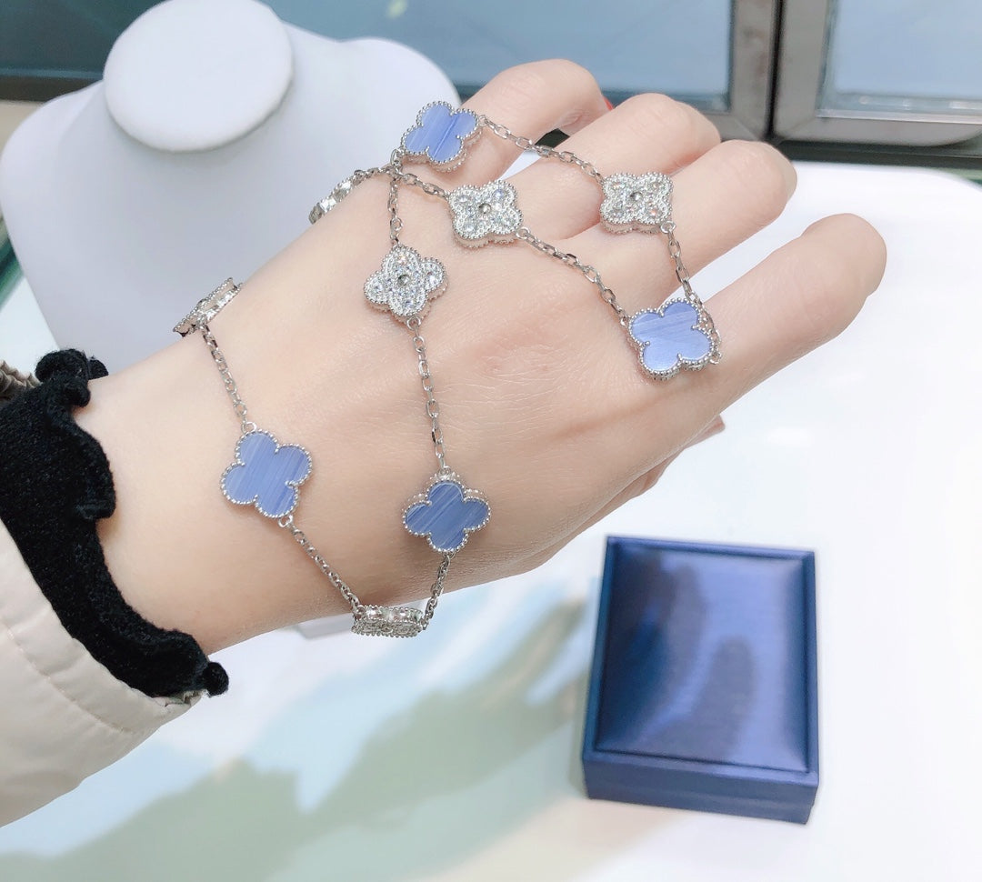 [Star Jewelry]CLOVER 10 MOTIFS CHALCEDONY DIAMONDS SILVER NECKLACE